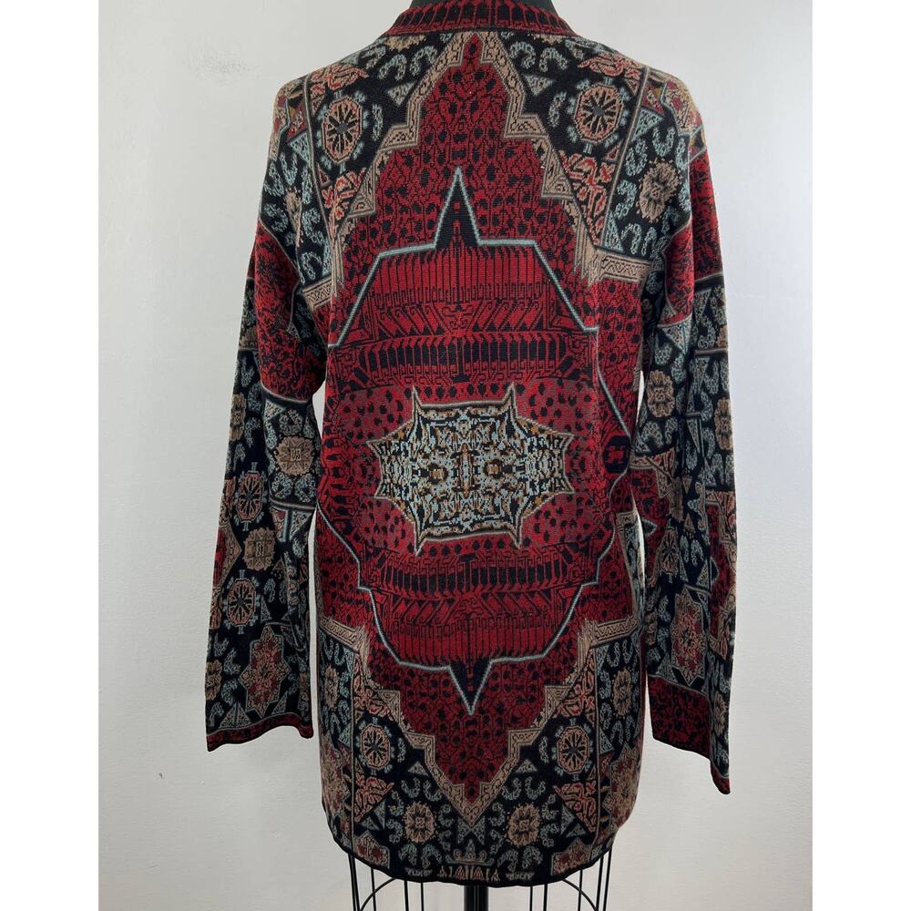 Peruvian Connection Open Front Cardigan Sweater Red Medallion Red Long Slv Sz S - Picture 5 of 6